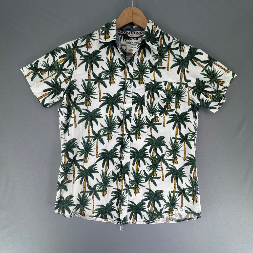 Free Planet Mens Palm Tree Print Short Sleeve Button Up Shirt White FN9W29 Small